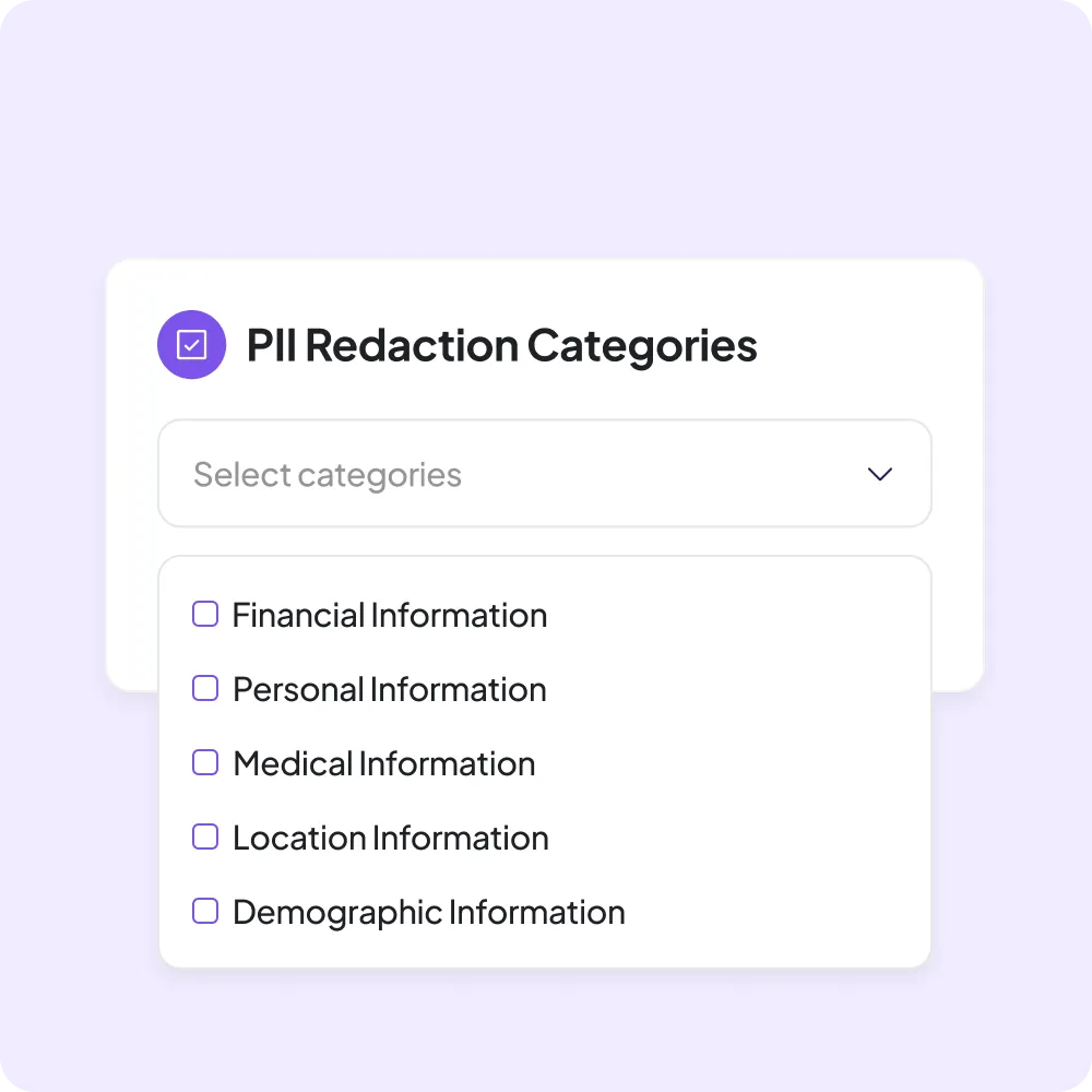 PII Redaction Categories selection menu with unchecked information types