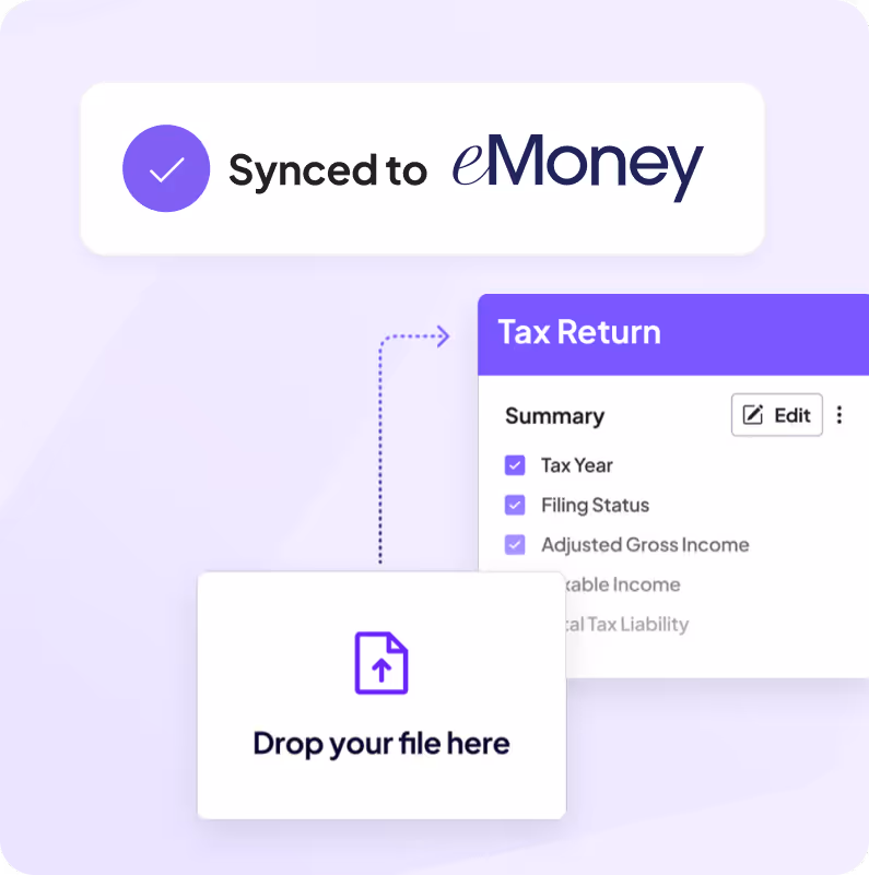 Interface showing file upload with 'Drop your file here' leading to a tax return summary synced to eMoney.
