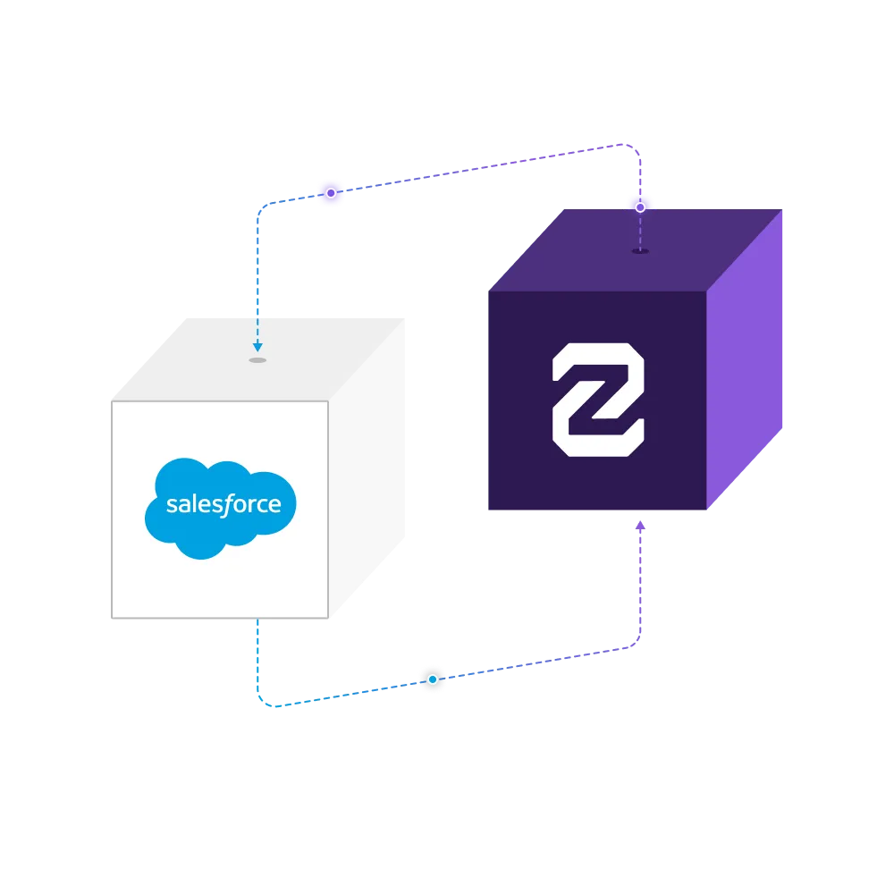 Illustration showing data flow between a white cube with Salesforce logo and a purple cube with a stylized Z logo connected by arrows.
