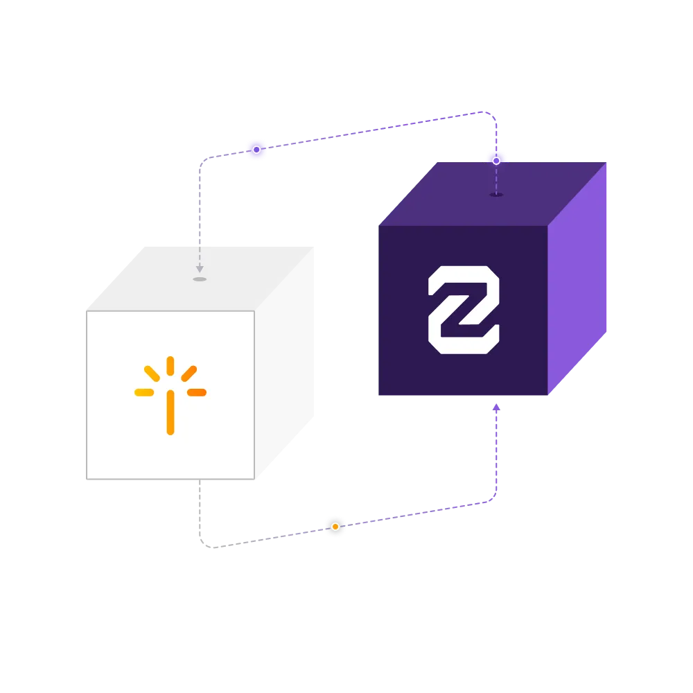 Illustration of two interconnected cubes, one white with an orange spark icon and one purple with a white stylized Z logo, connected by curved lines with circular nodes.