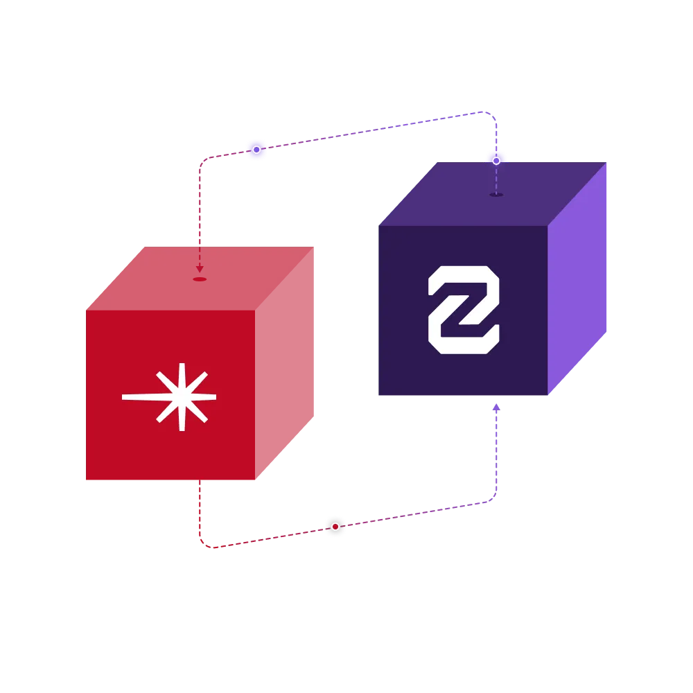 Diagram showing a connection between a red pentagonal shape with a white asterisk symbol and a purple cube with a white Z logo, linked by lines.