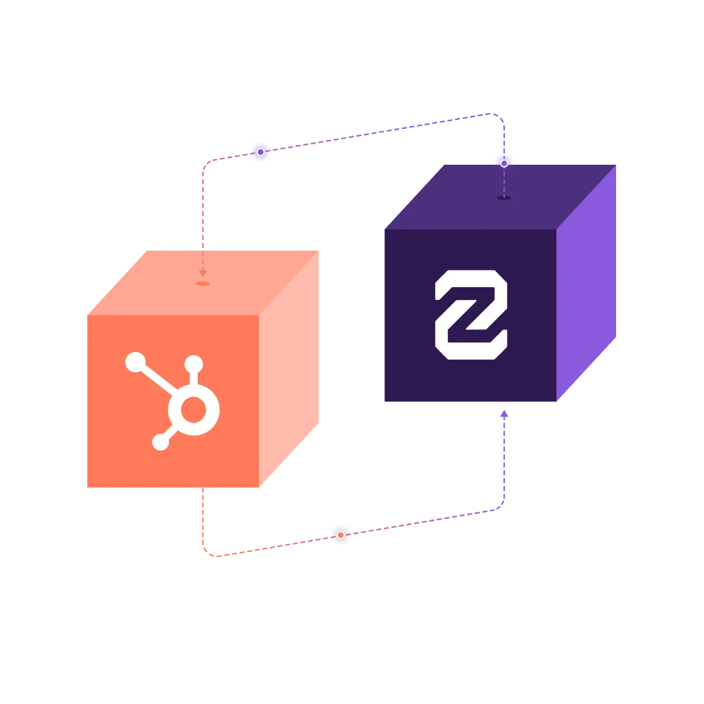 Illustration of a connection between the orange HubSpot logo shape and a purple cube with a white Z on it, linked by lines with circular nodes.