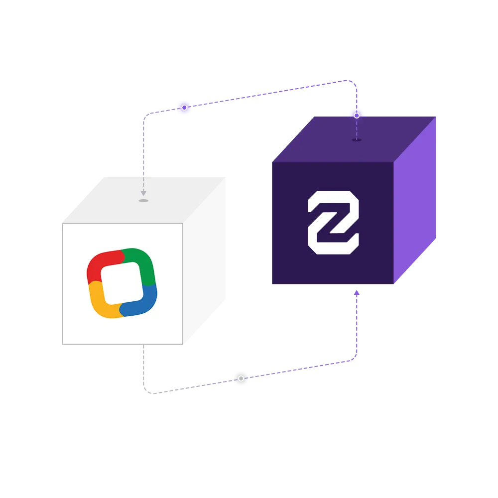 Illustration of a white block with a multicolored square logo connected by lines to a purple cube with a white 'Z' symbol, representing integration or connection.