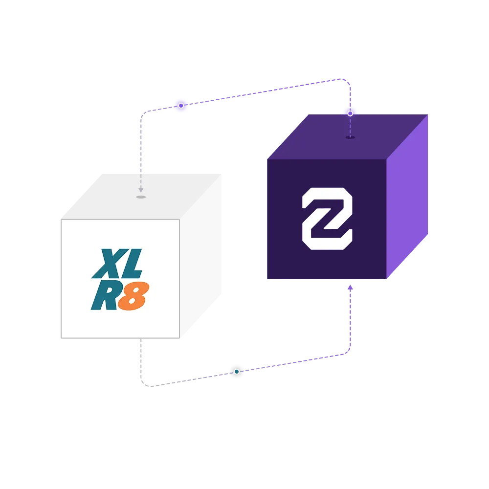 Diagram with two cubes connected by arrows, one white with XL R8 logo and one purple with a stylized Z logo.