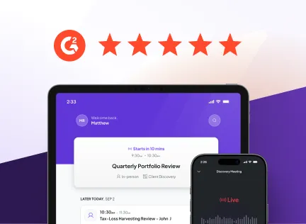 Tablet and smartphone showing a quarterly portfolio review and live discovery meeting with a G2 5-star rating above.