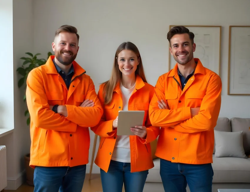 Three smiling people wearing bright orange jackets standing indoors, with the woman in the center holding a tablet.