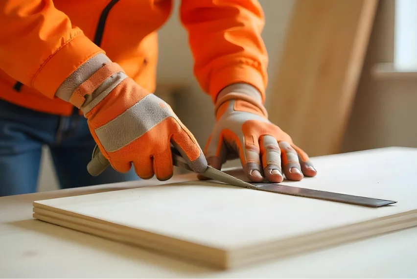 A person in orange protective gloves and jacket measuring and marking a wooden board with a metal ruler and pencil.