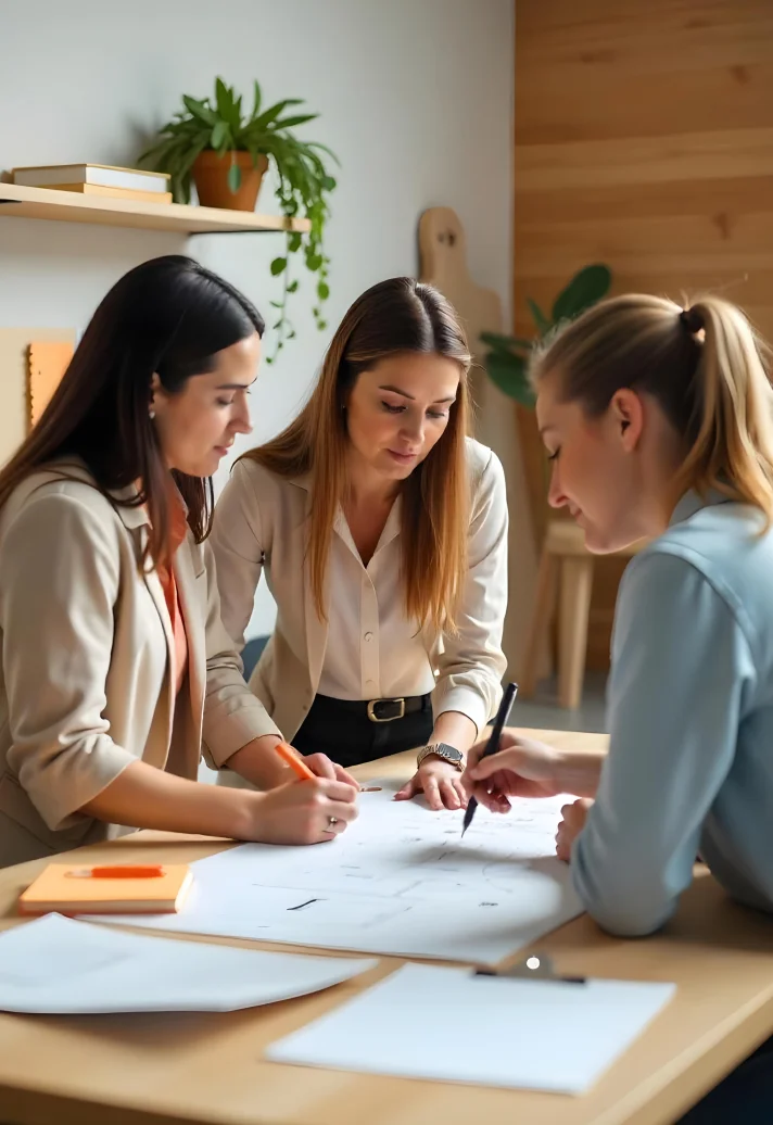 Three women collaborating and writing on large sheets of paper at a wooden table in a modern office setting.