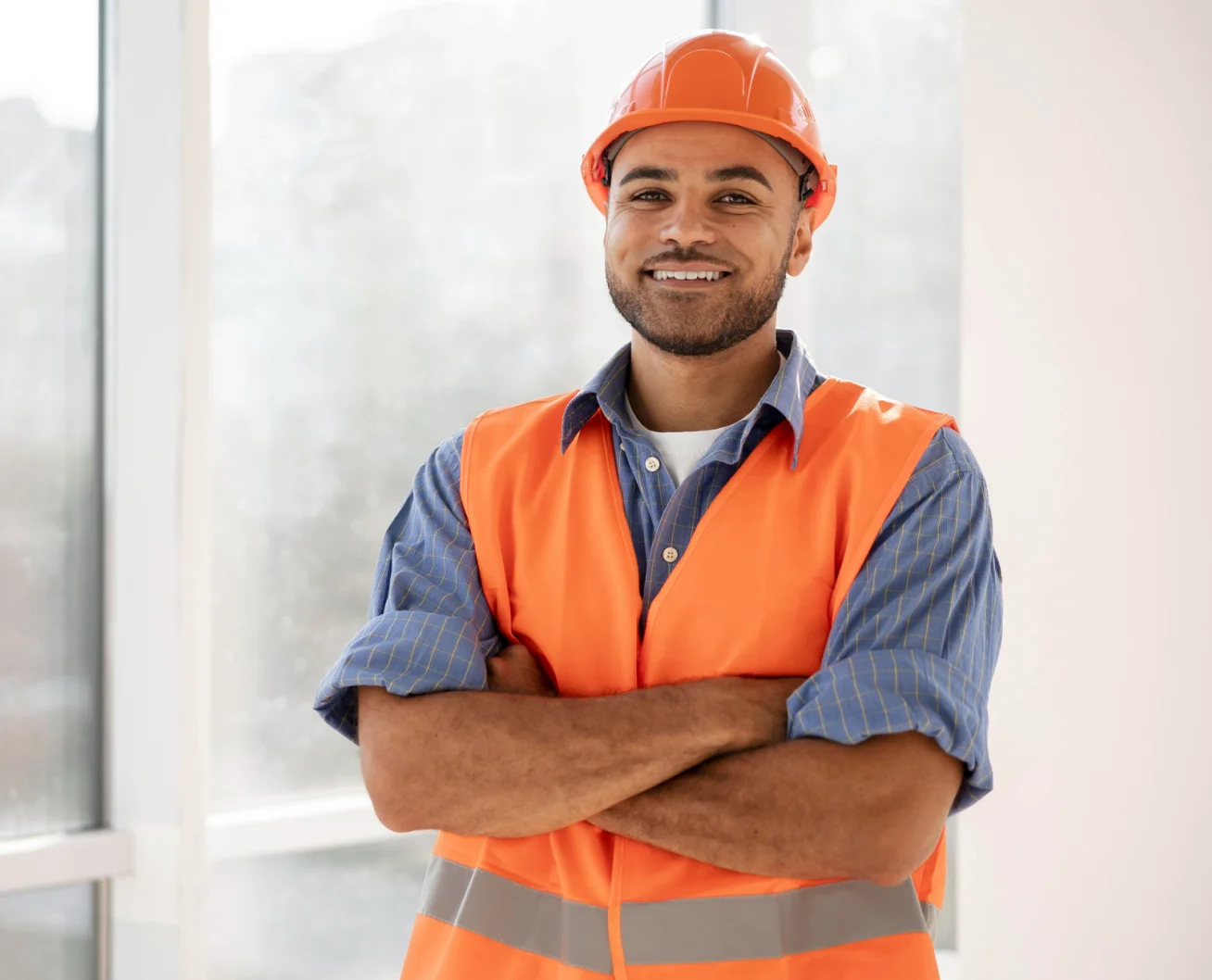 Smiling construction worker wearing an orange hard hat and safety vest with folded arms.