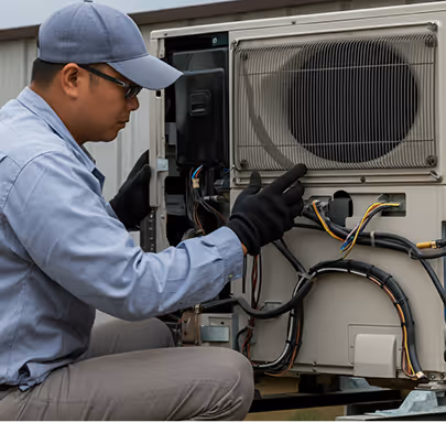 A commercial AC unit being serviced by a technician.