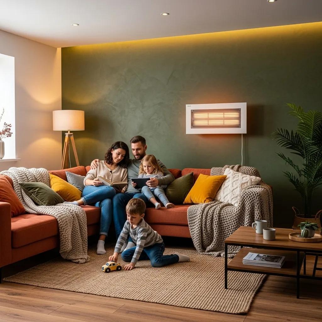 Family enjoying a warm, cozy living room with a modern heating system