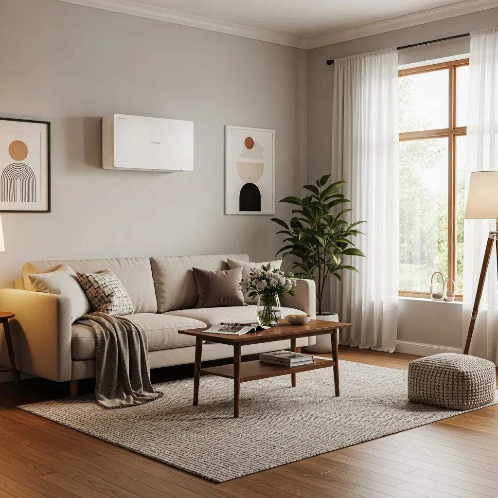 Ductless mini-split system installed in a modern living room showcasing its sleek design and comfort