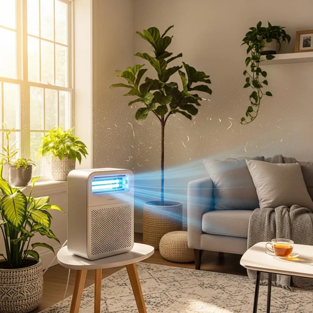 UV air purifier in a bright living room improving indoor air quality