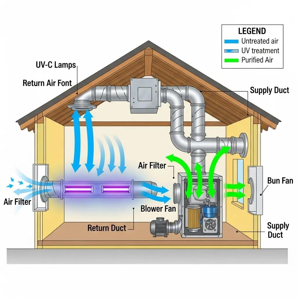 Diagram showing UV light installed in an HVAC duct to clean airflow