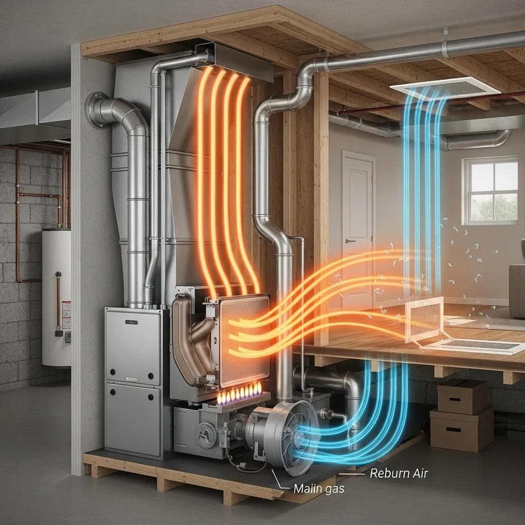 Illustration of a furnace showing operation and warm air distribution
