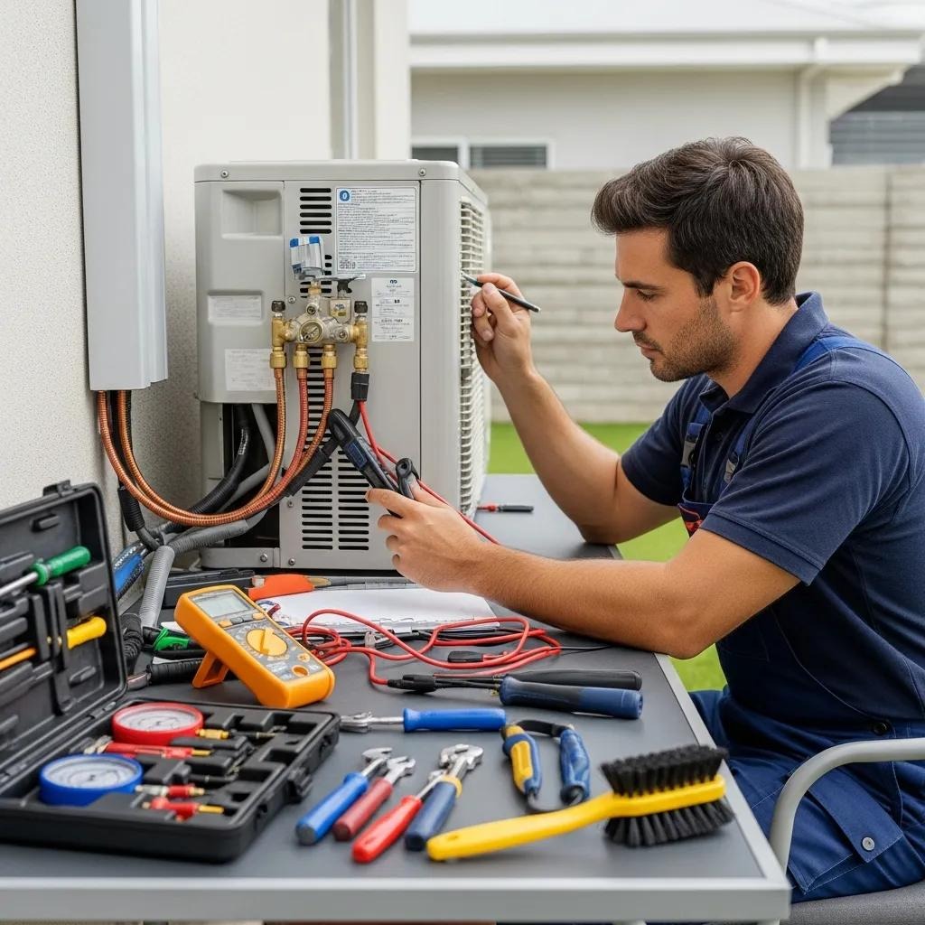 Technician performing an air conditioning tune-up in a home setting