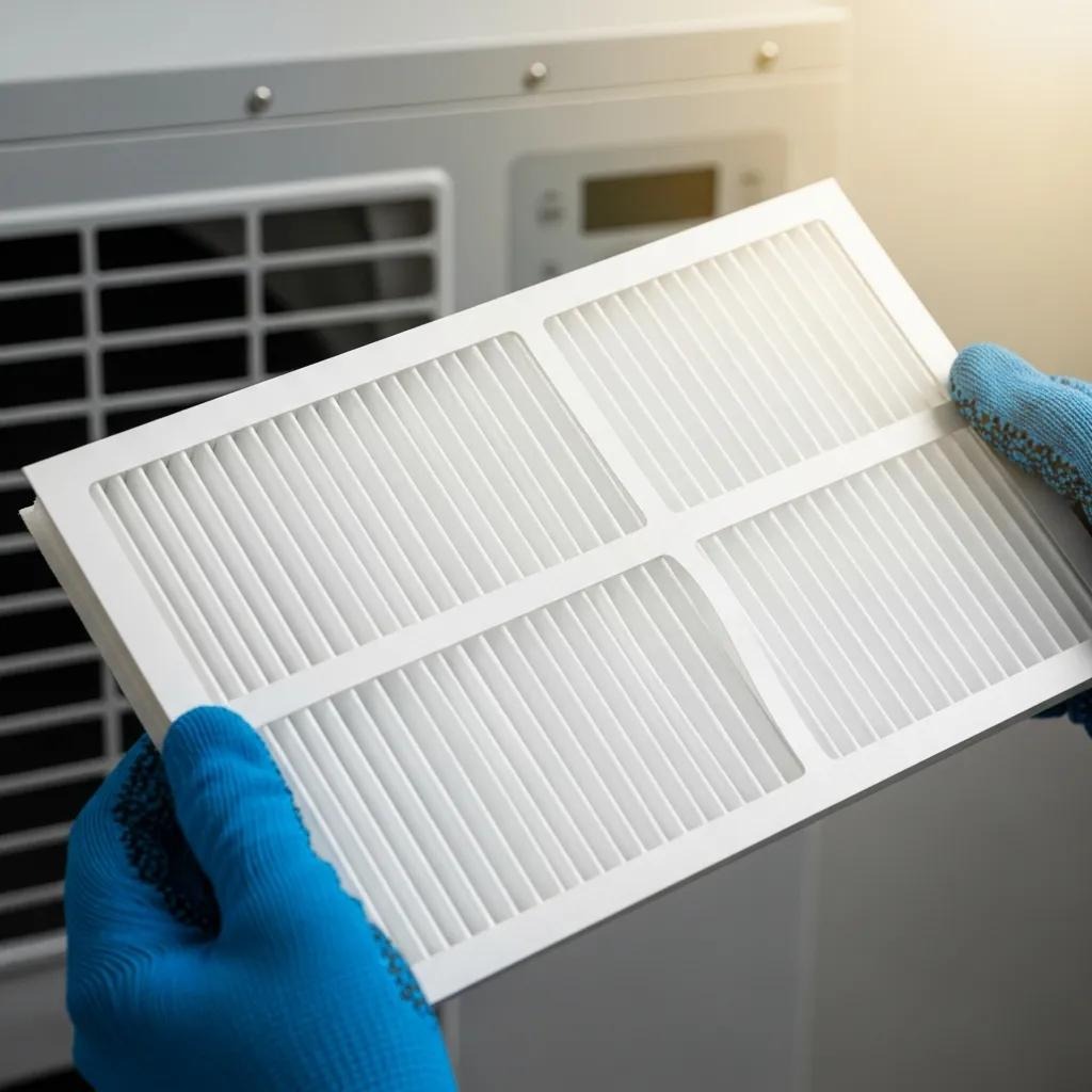 Technician holding a clean air filter next to an air conditioning unit