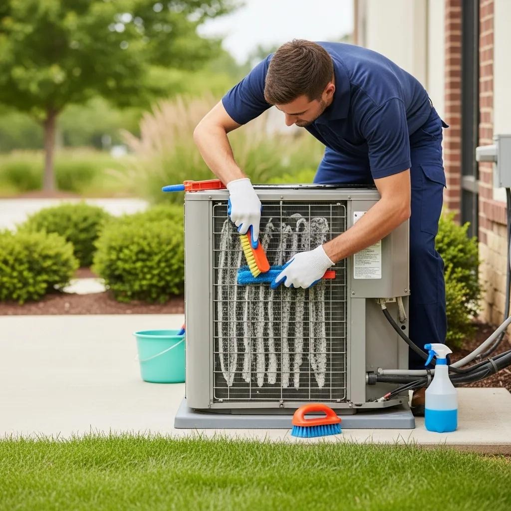 Technician cleaning the coils of an air conditioning unit outdoors