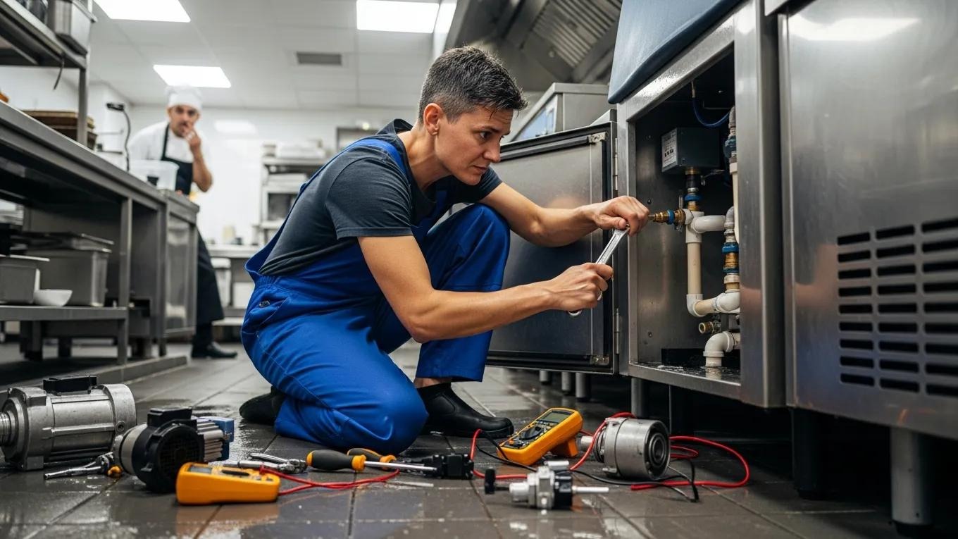 Technician conducting emergency repairs on a commercial ice machine, illustrating the urgency and importance of quick service