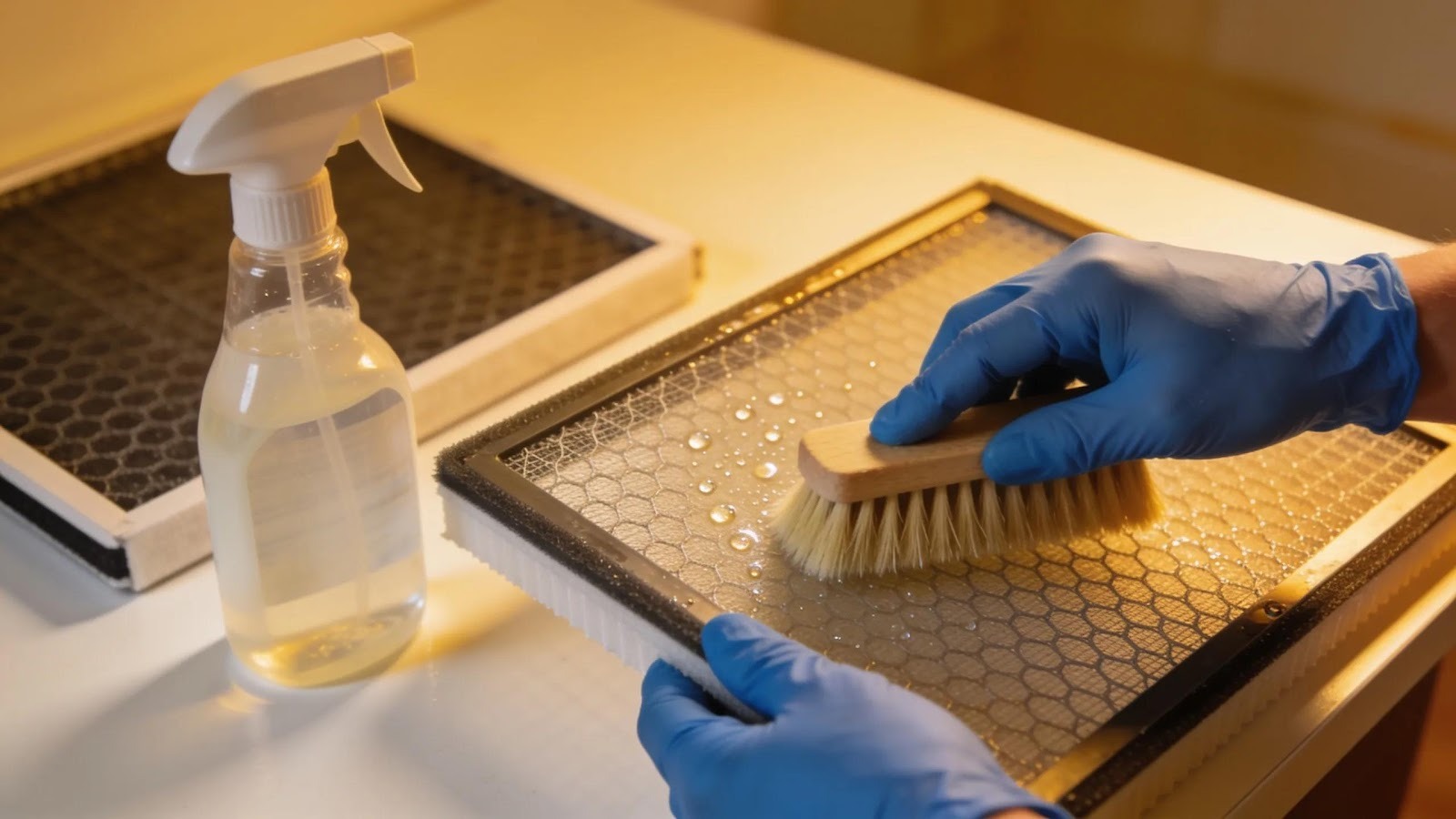 Close-up of cleaning air filters during AC maintenance, emphasizing DIY steps