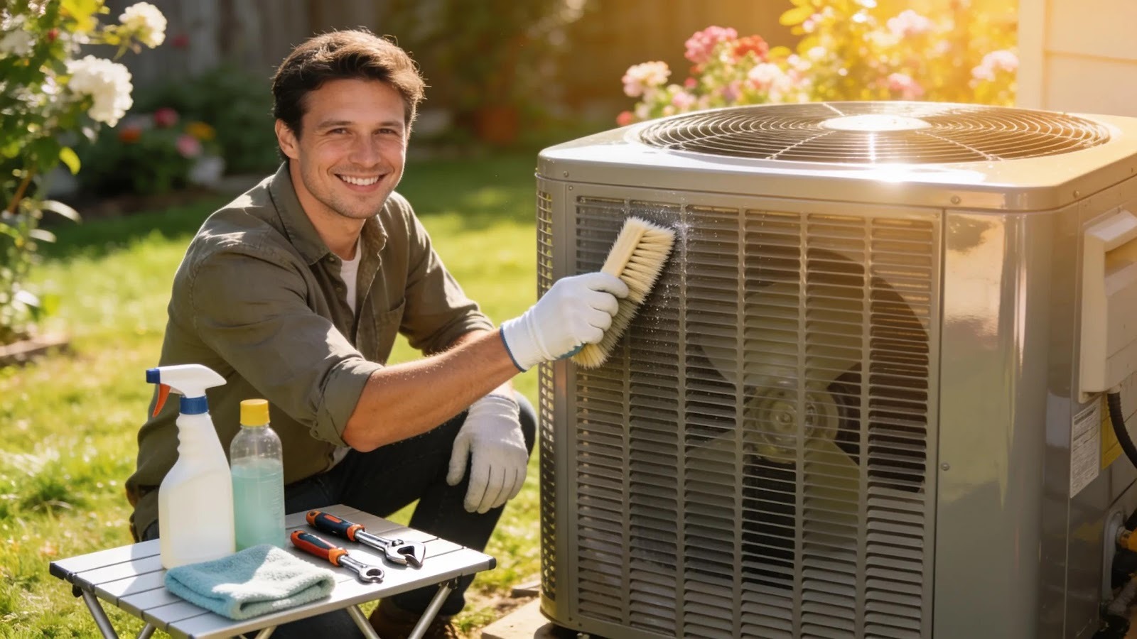 Homeowner cleaning an air conditioning unit for improved performance and maintenance