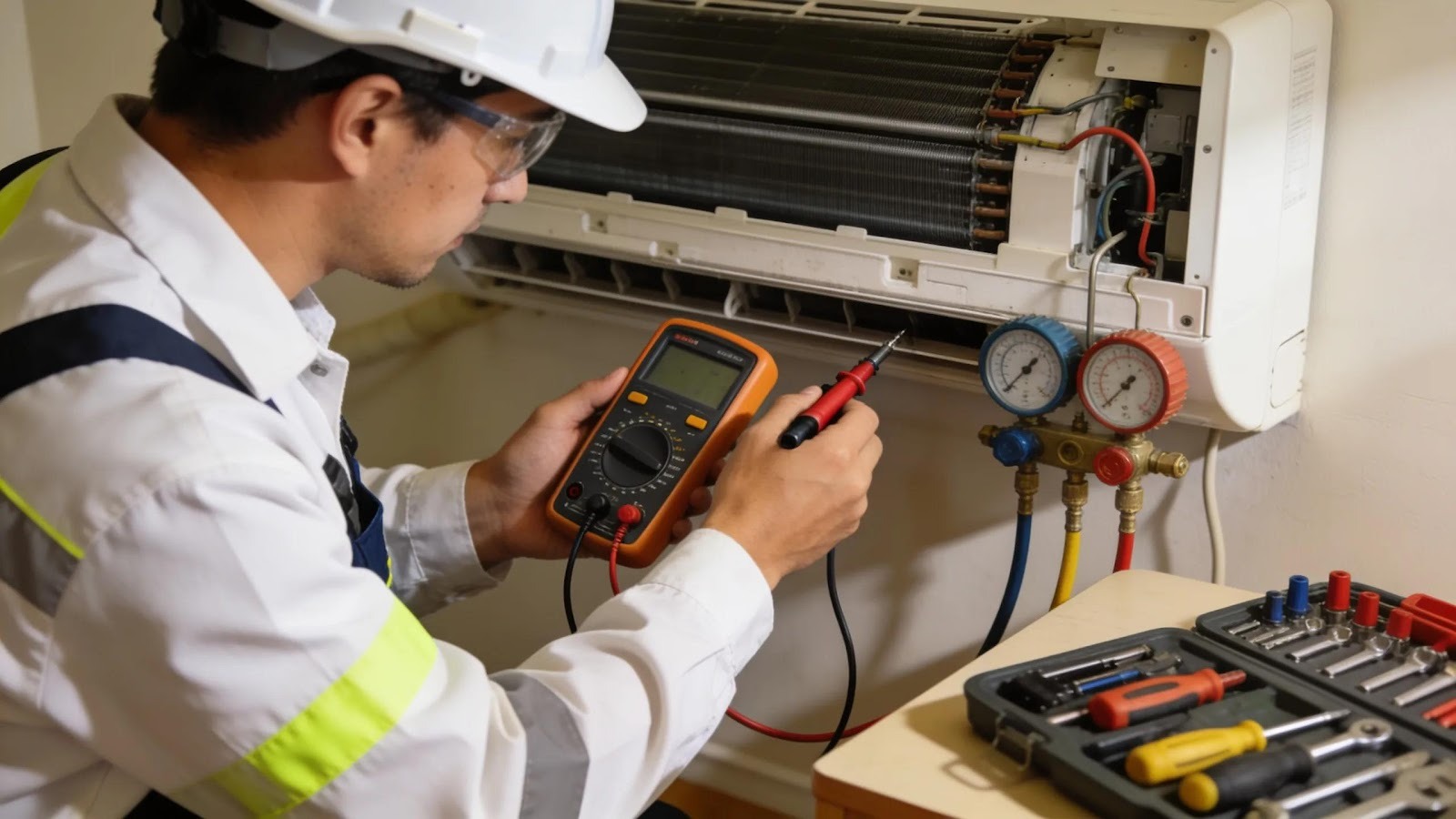 HVAC professional conducting maintenance on an air conditioning unit, highlighting the importance of specialist services