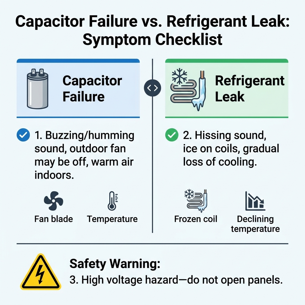 Capacitor Failure vs. Refrigerant Leak: Symptom Checklist