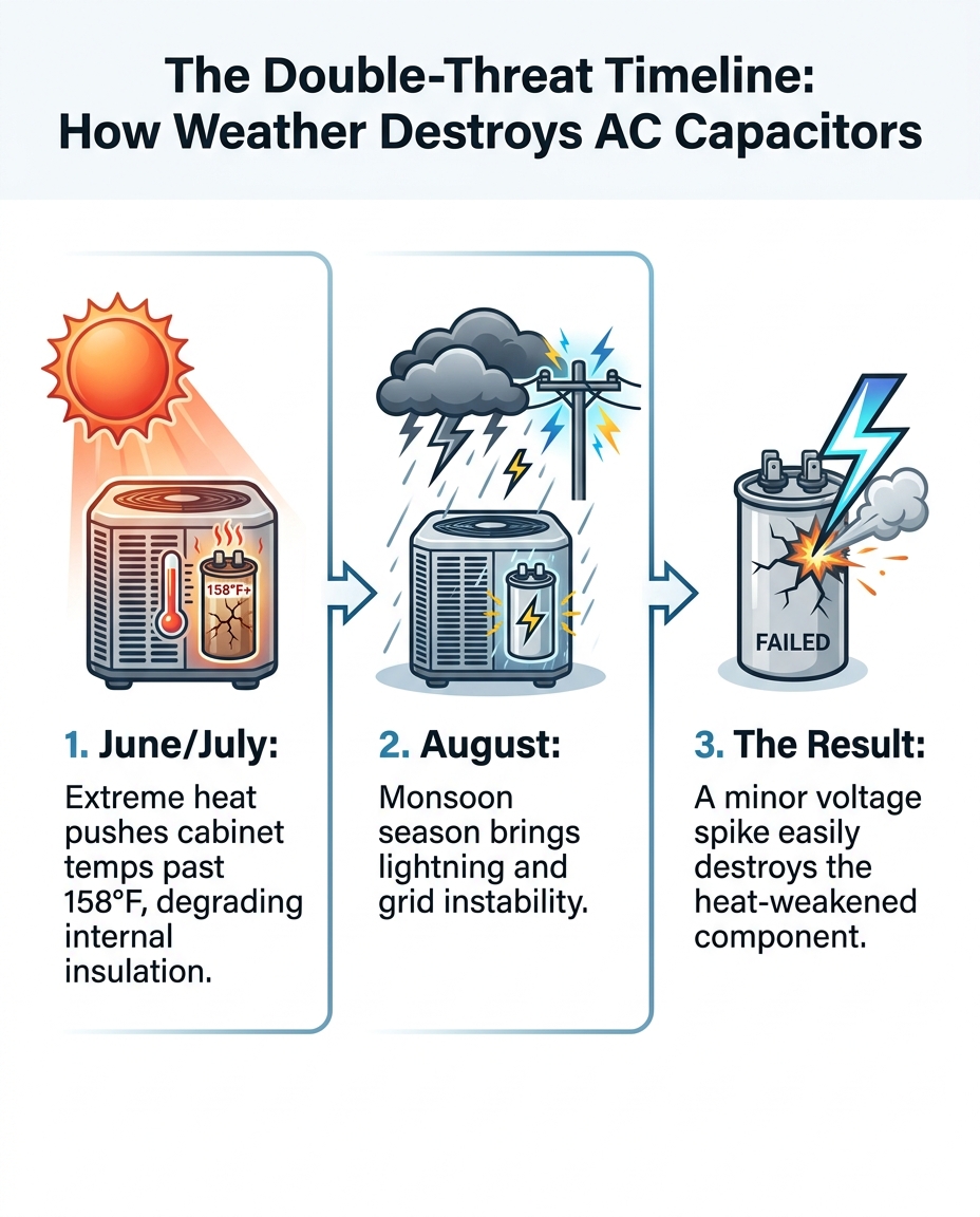 The Double-Threat Timeline: How Weather Destroys AC Capacitors