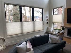 A living room with four picture windows. All four have honeycomb shades that can open from the top or bottom.
