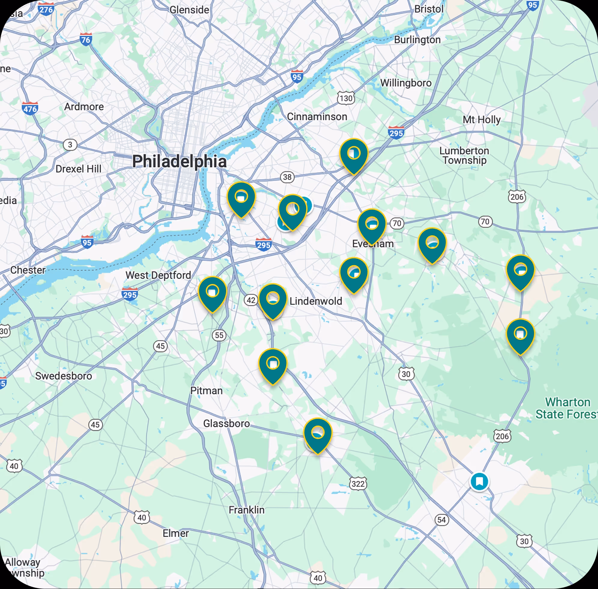 Map of Philadelphia area highlighting various locations for community resources and services.