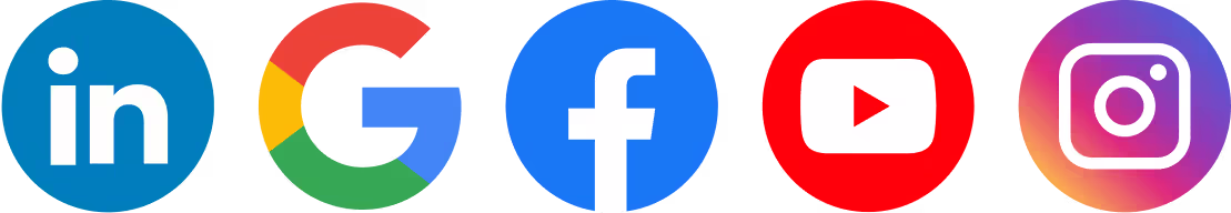 Logos of LinkedIn, Google, Facebook, YouTube & Instagram