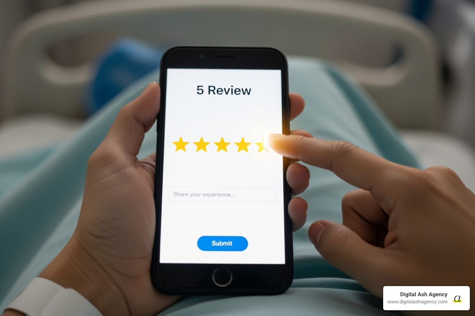 Image of a patient leaving a 5-star review on a smartphone - Healthcare advertising ideas Image of a patient leaving a 5-star review on a smartphone - Healthcare advertising ideas