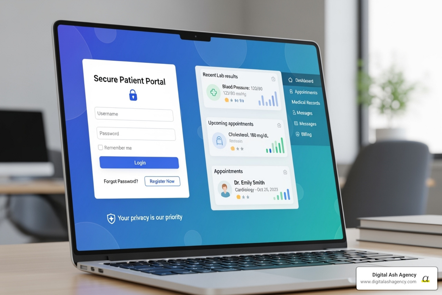 Secure, HIPAA-compliant patient portal on a laptop screen - Digital marketing for doctors