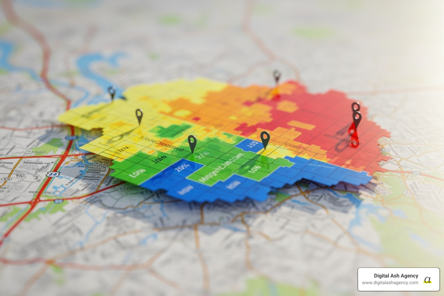 Map with demographic data overlays representing market analysis - Business plan healthcare