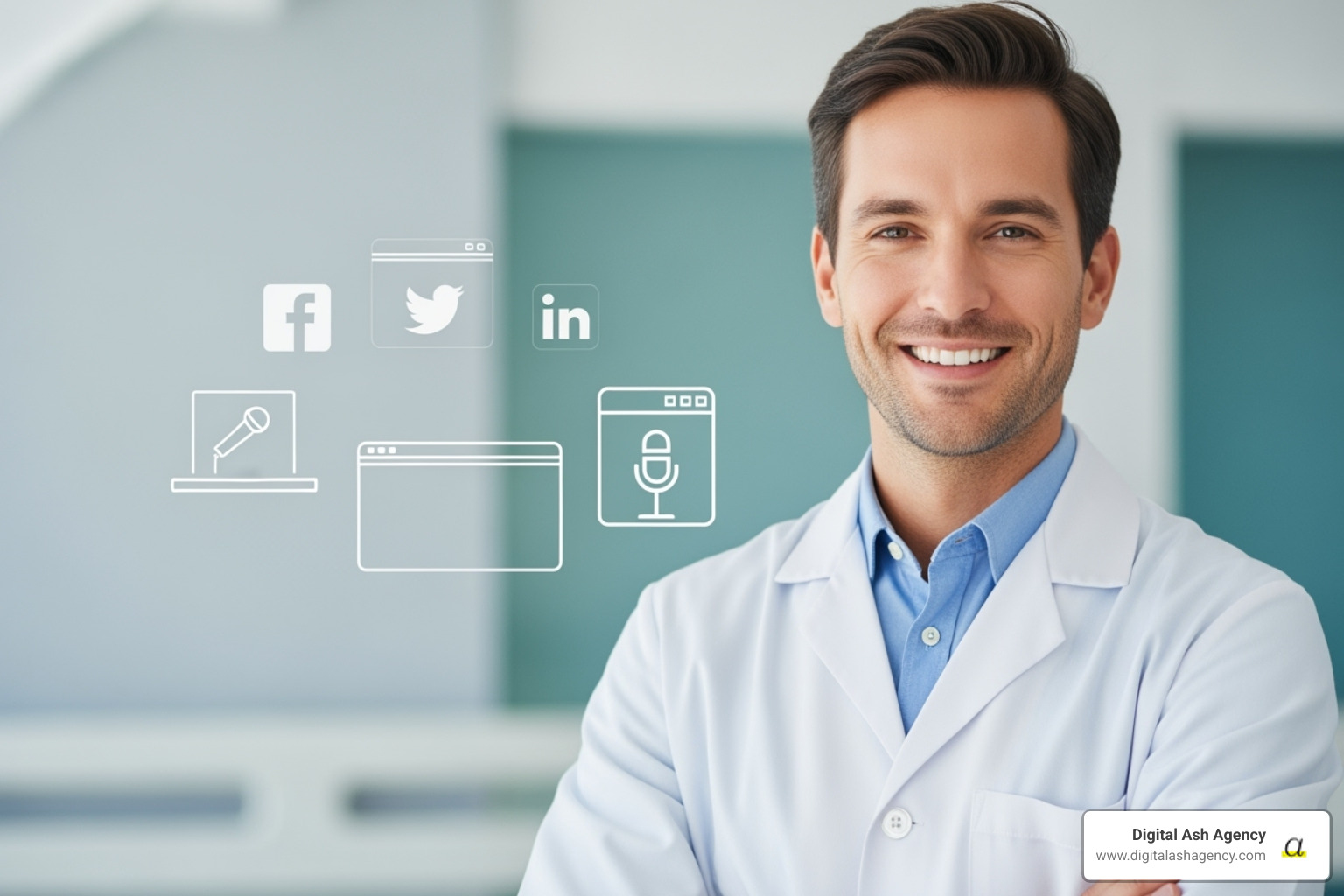 A doctor confidently smiling, with faint icons of social media, a website, and a speaker podium in the background, symbolizing a strong and visible personal brand - Branding for doctors