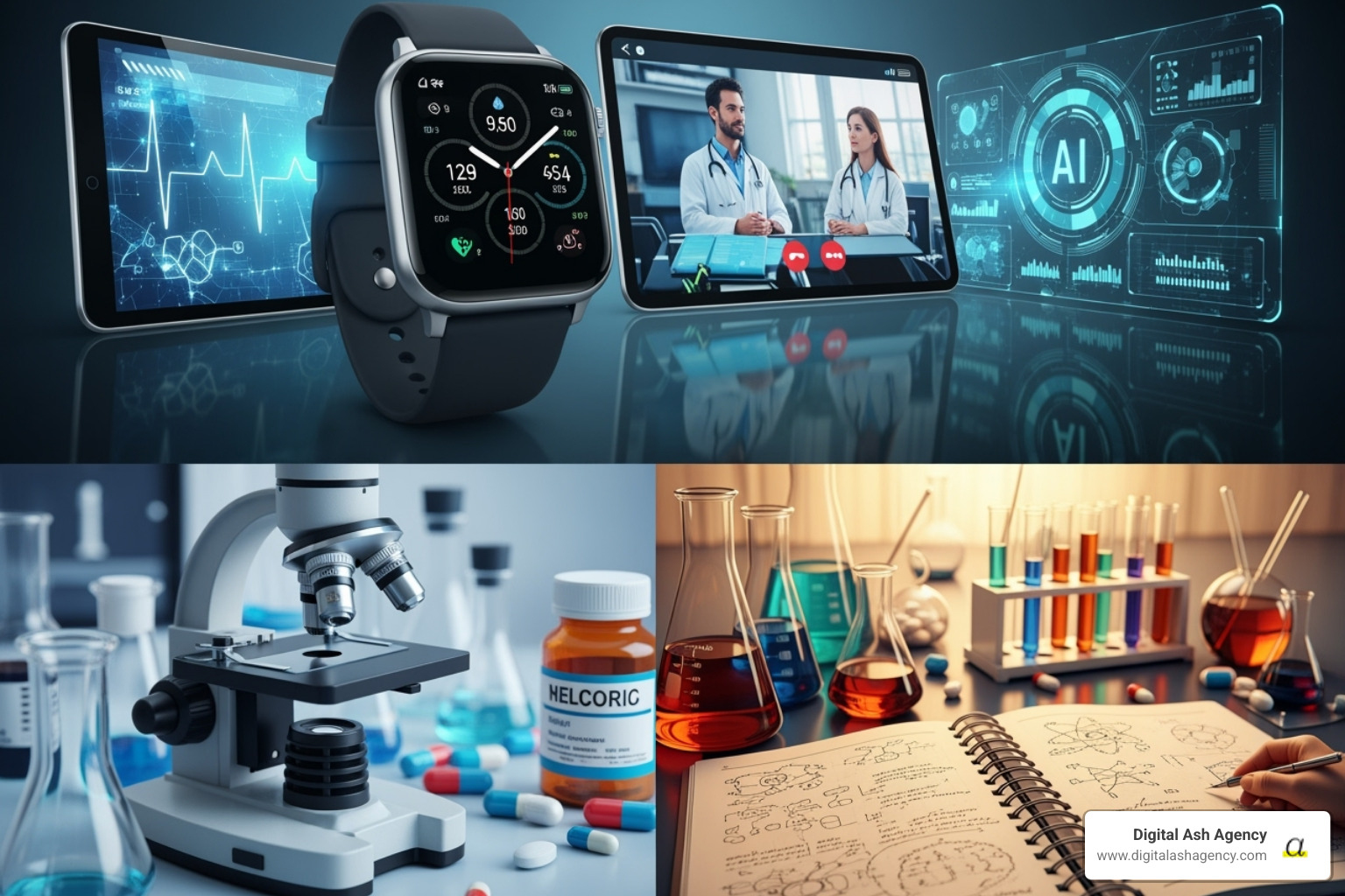 collage showing digital health tools and pharmaceutical research - Healthcare market competition