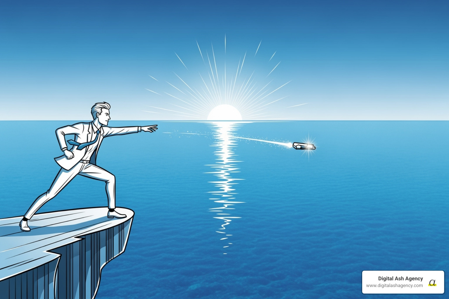A stylized image showing a business launching a new, innovative product or service into a clear, blue ocean, representing uncontested market space - Competitive environment marketing