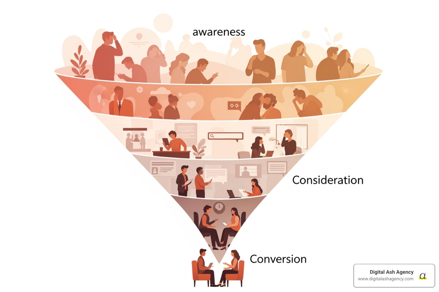 Marketing funnel for a therapy practice, showing stages from awareness to conversion - Grow private practice