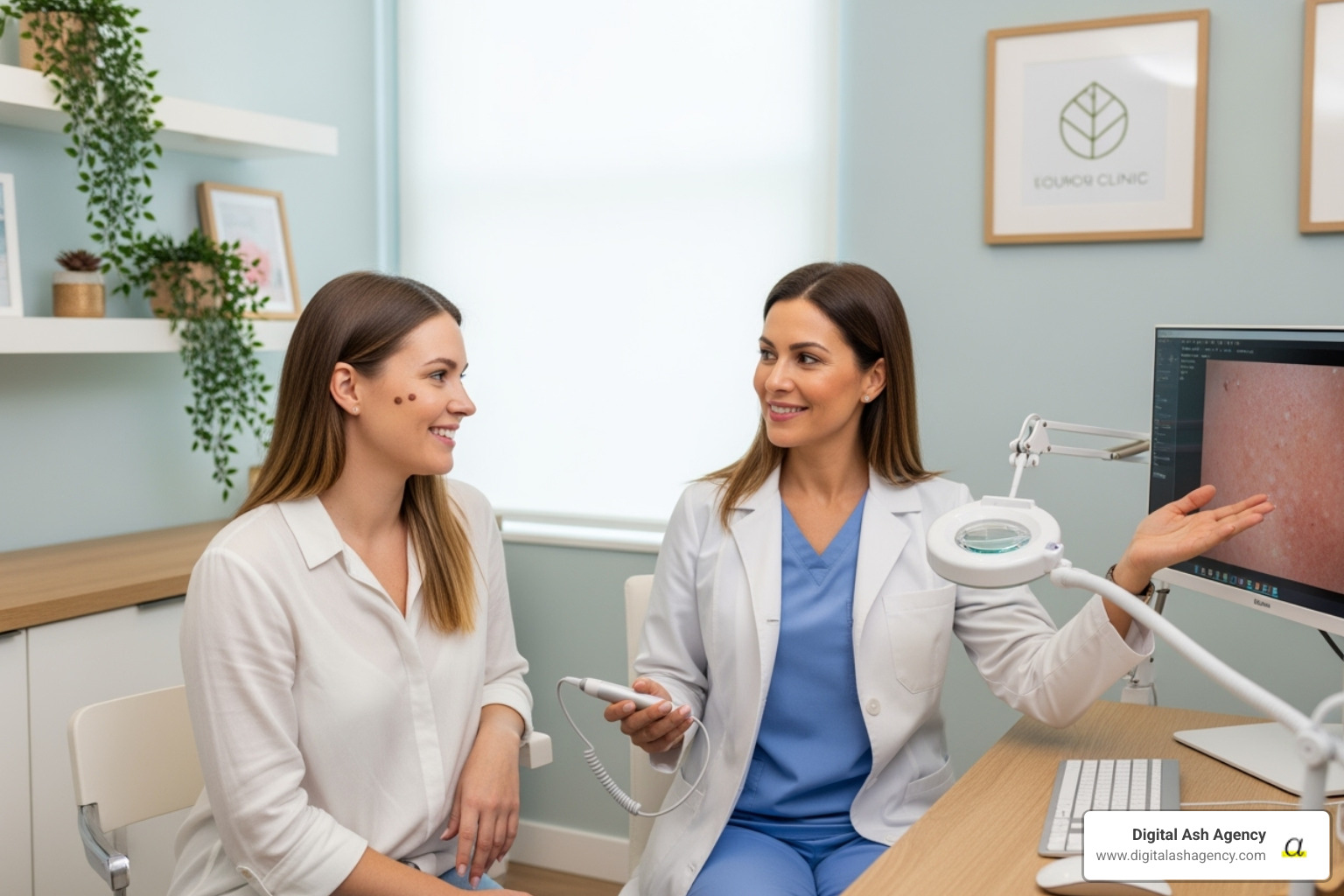 Smiling patient interacting with a friendly dermatologist - attract new dermatology patients