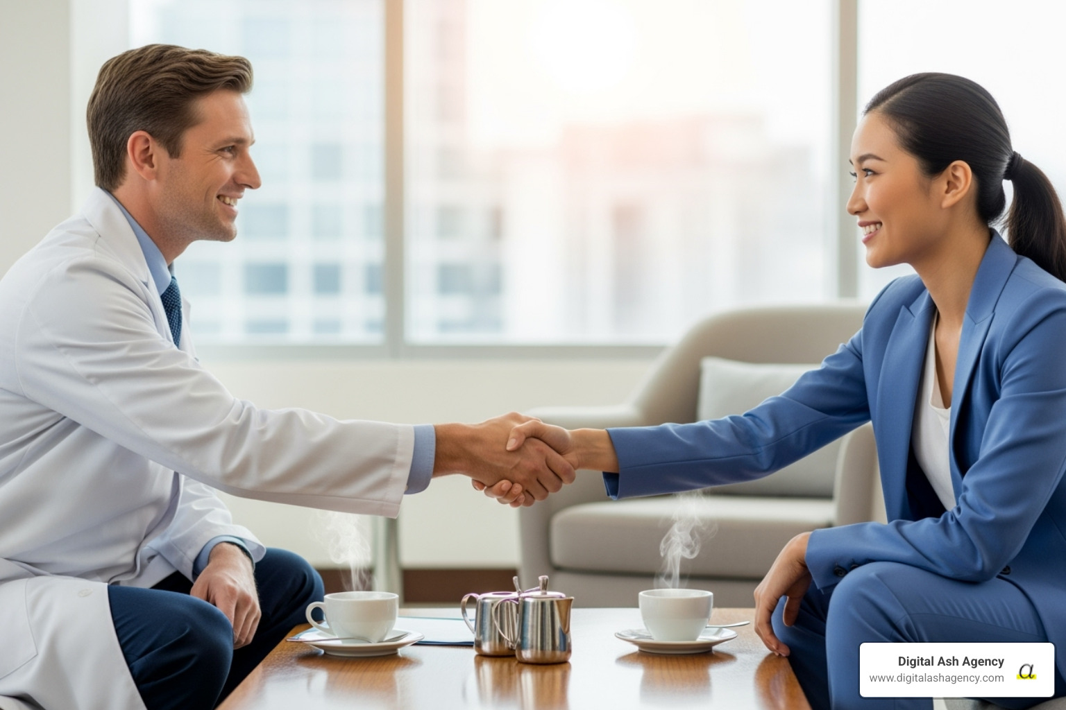 two doctors shaking hands over a coffee - Referral network healthcare