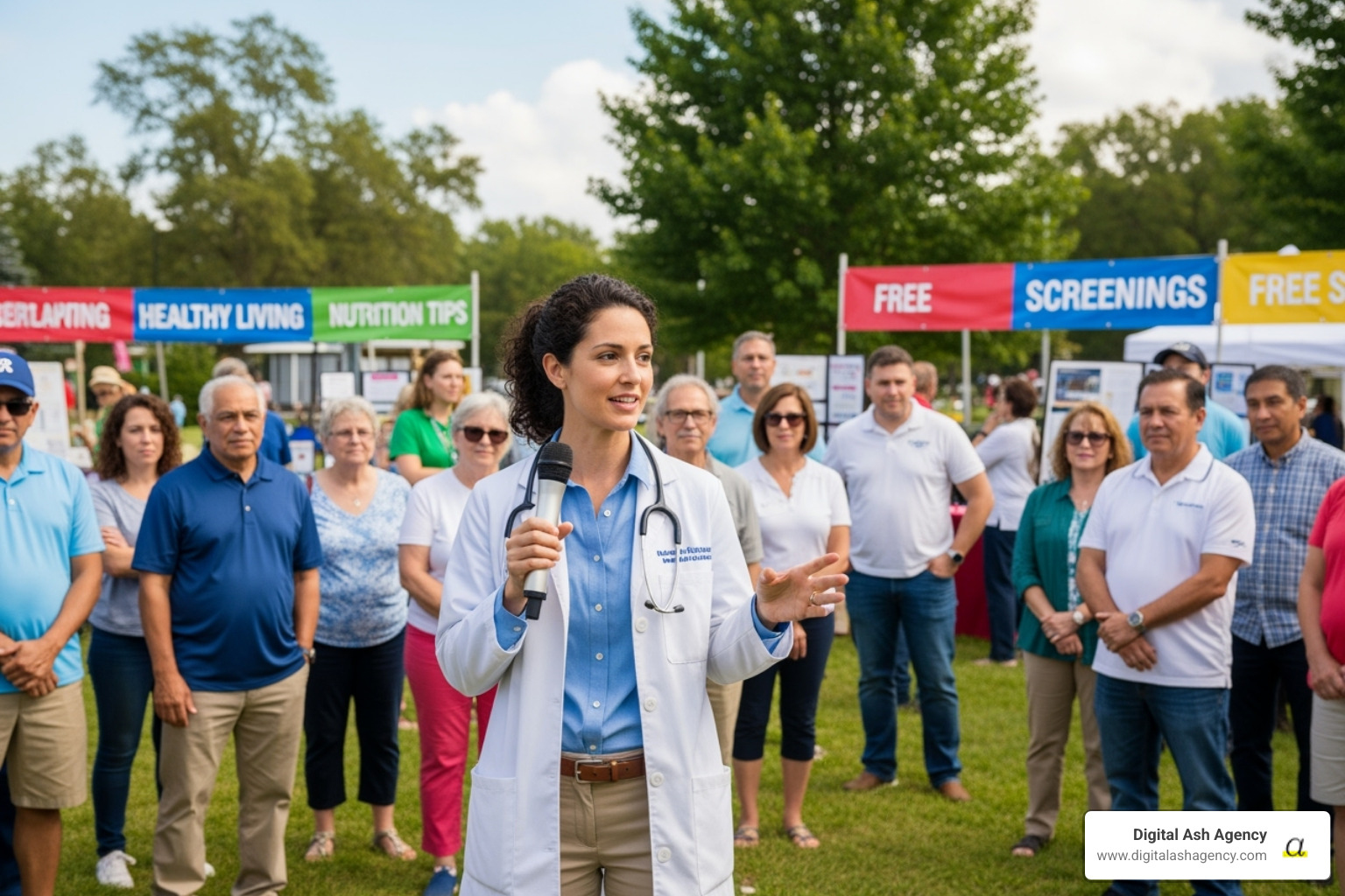 physician speaking at a local community health fair - Grow patient base