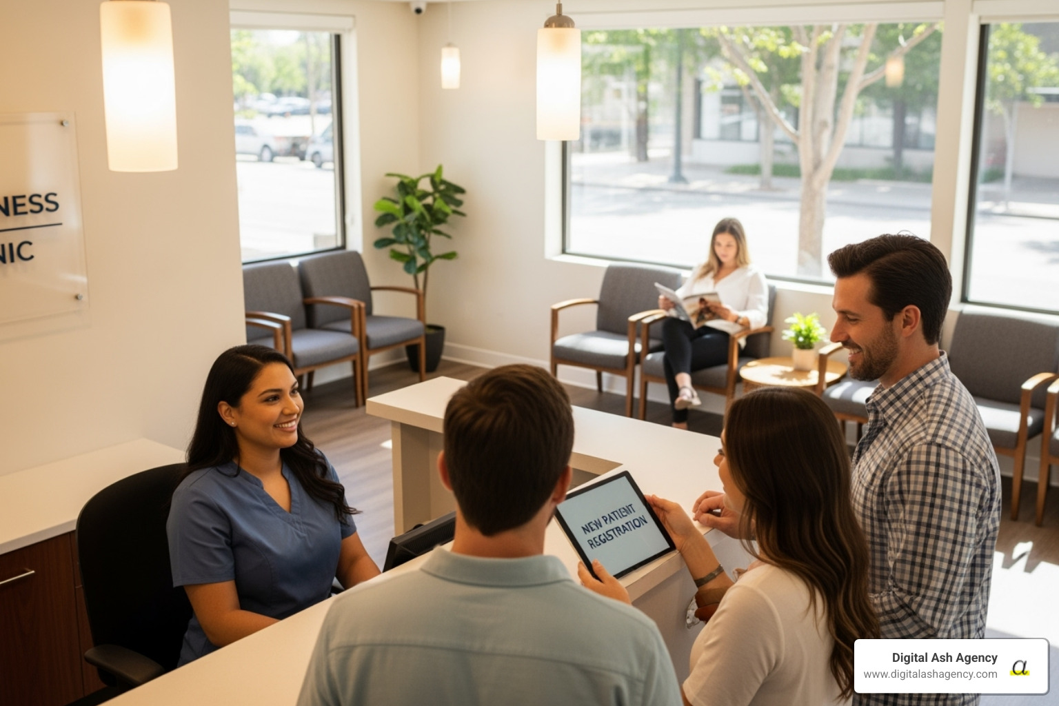 A patient leaving a 5-star review on a tablet - attracting new patients