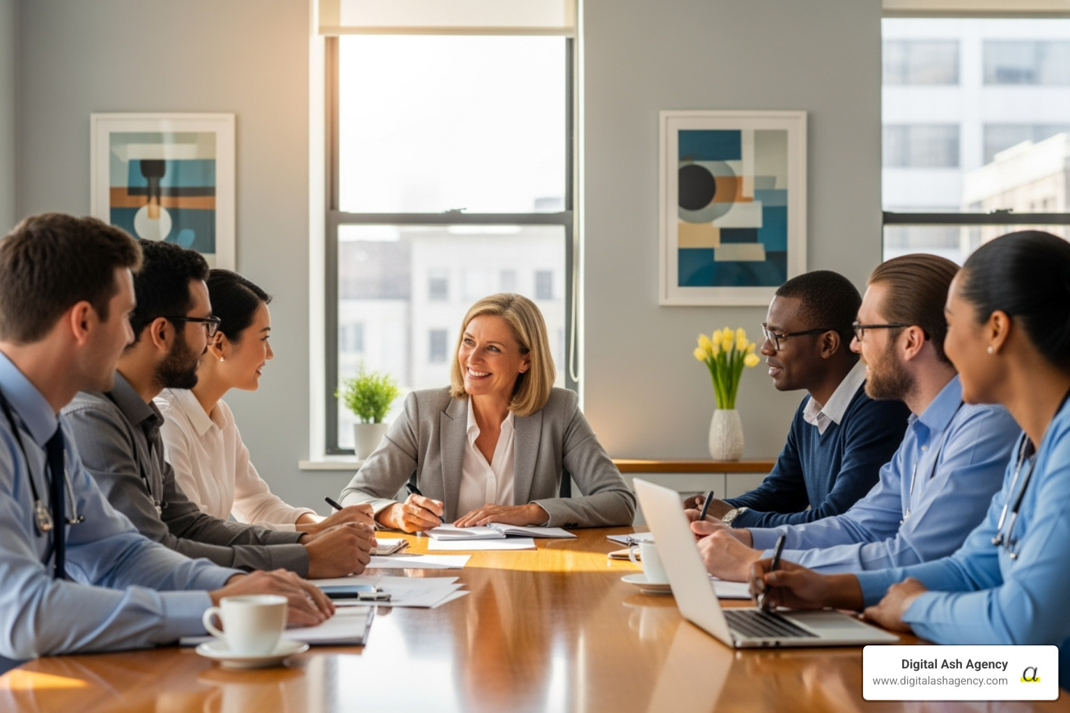 A healthcare manager leading a team meeting focused on well-being - Healthcare business growth