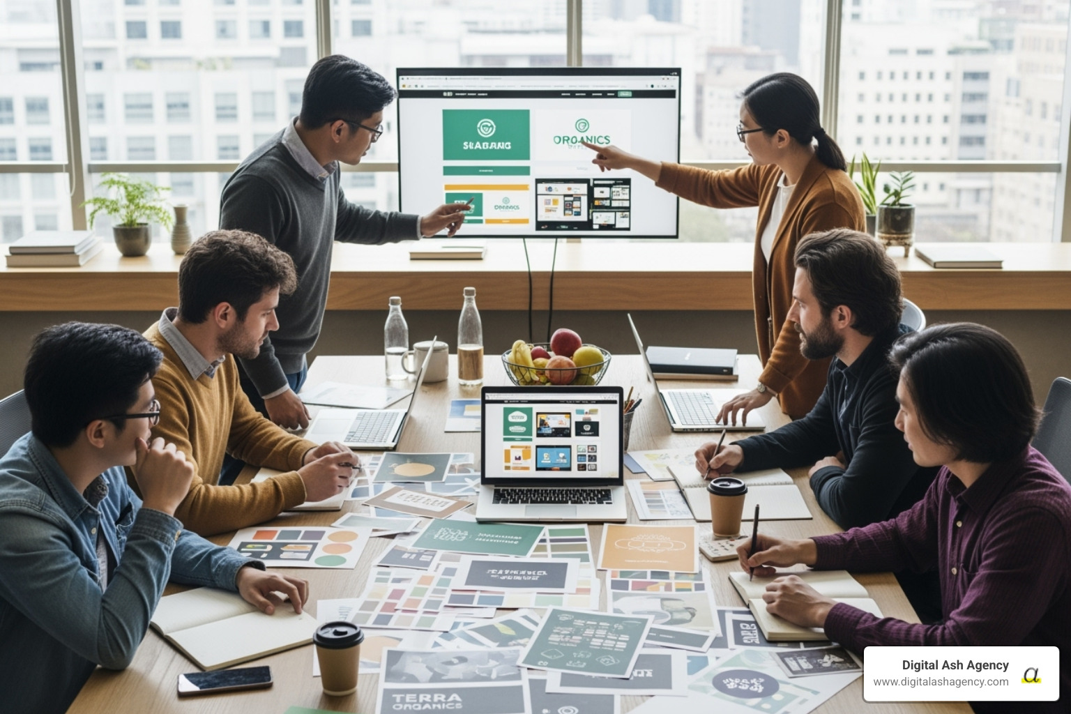 A diverse team collaborating around a table with design mockups, demonstrating the collaborative process of a branding project - healthcare branding and design services