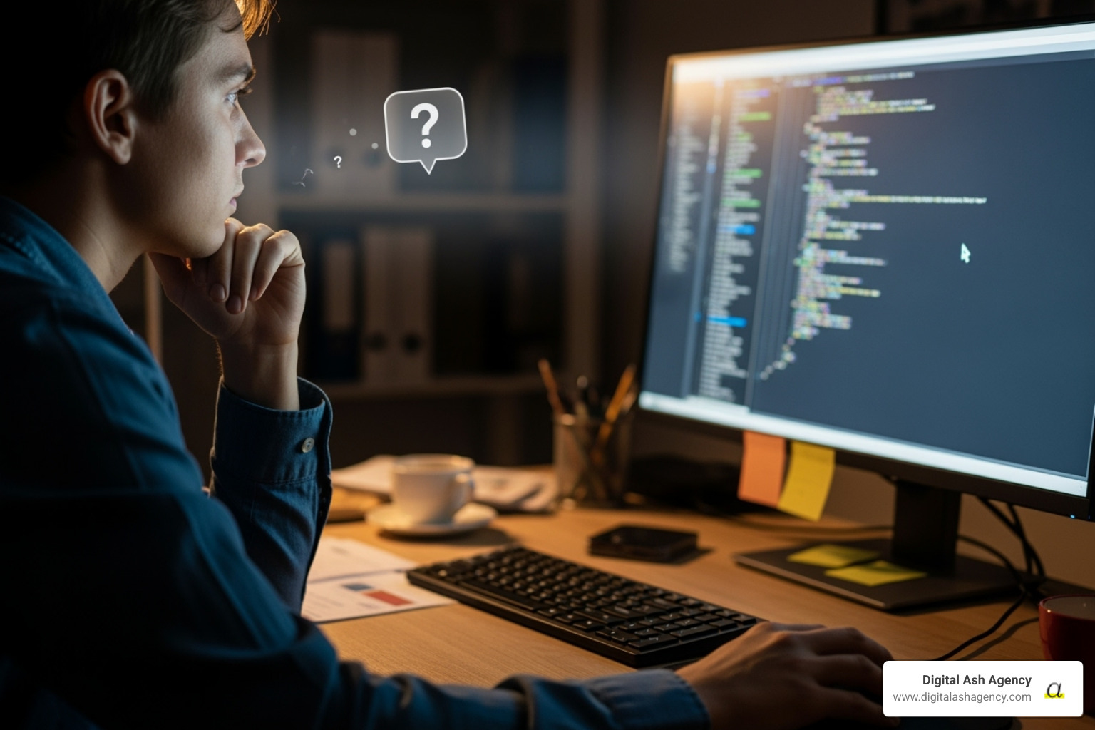 A person looking thoughtfully at a computer screen with a question mark icon overlay, representing common questions and inquiries - healthcare branding and design services