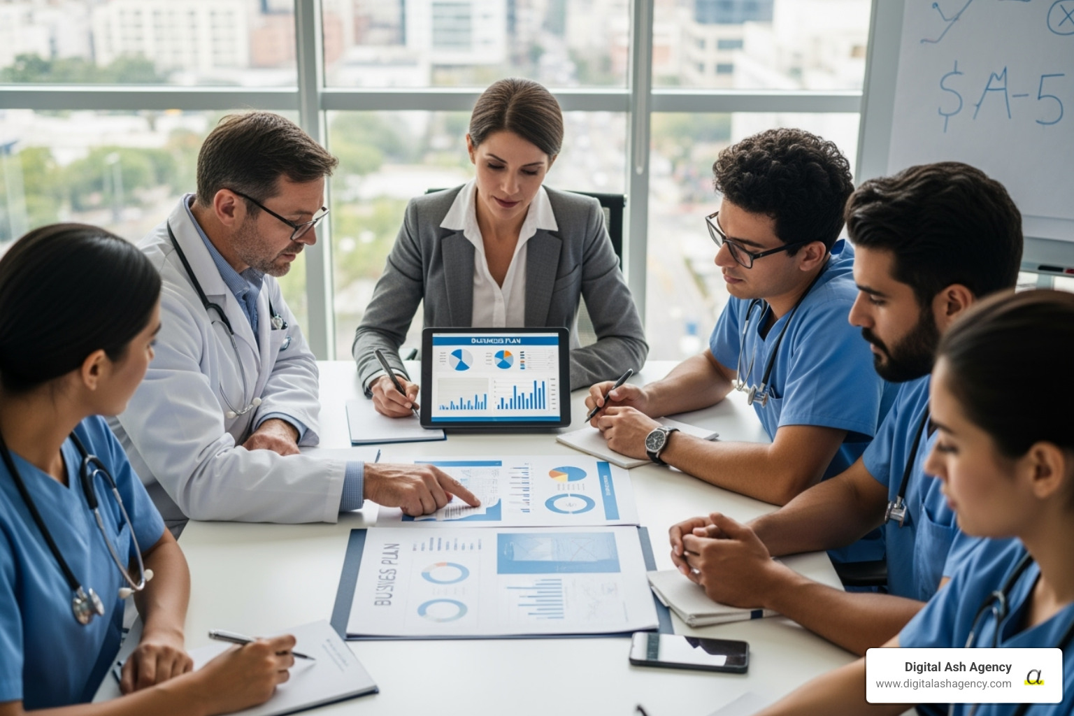 A detailed map showing various demographic data overlays, such as population density and income levels, with multiple location pins representing competing medical practices and potential new sites. - Medical practice business plan