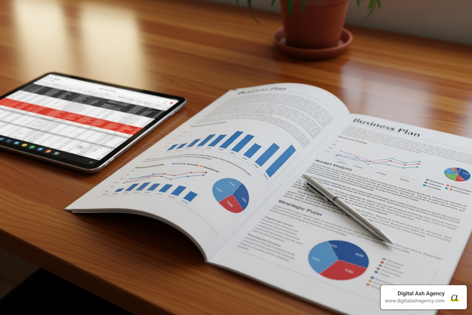 A professional-looking business plan document laid open on a wooden desk, next to a pen and a tablet. The pages are filled with text and charts, signifying detailed planning. - Medical practice business plan