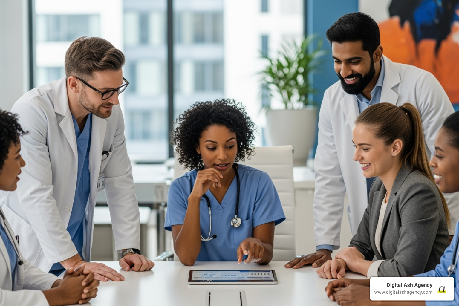A diverse medical office team collaborates around a table, looking at a digital tablet. They are smiling and engaged, demonstrating teamwork and efficiency in a modern healthcare setting. - Medical practice business plan