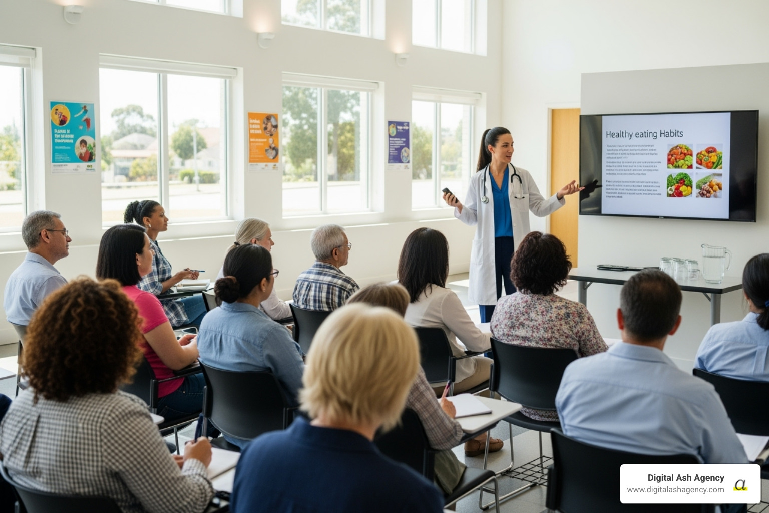A doctor giving a health education presentation in a community center - Medical community outreach