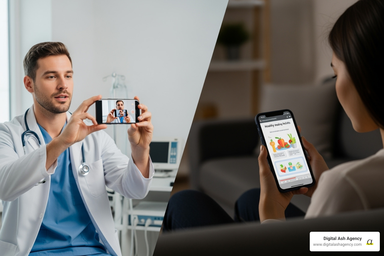 Split screen showing a doctor filming a video on a phone and a patient watching it - Healthcare advertising strategies